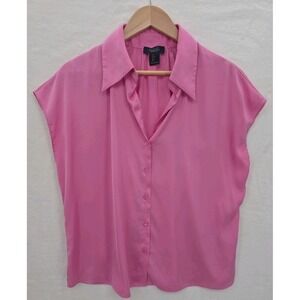 Rachel Roy Women's Hot Pink Blouse Button Front Collared Short Sleeve Workwear L